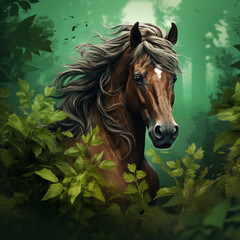 Portrait of a horse with green leaves