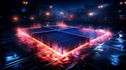 3D Render Neon Tennis Court Scheme with Net

