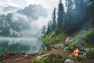 Nature landscape with fog, comfortable backpacking and camping scenery. Campsite with tent and burning bonfire in mountains and valley lakes in deep forests - obrazy, fototapety, plakaty