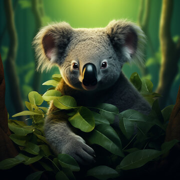 Portrait of a koala with green leaves in the background