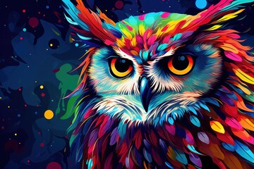  a painting of an owl with multicolored feathers on it's head, with a blue background and multi - colored spots on its wings.