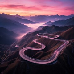 AI Generated Highway with mountain scenery sunset pictures