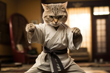 Fighting cat in a kimono training in the ring