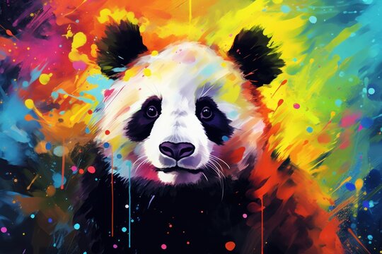  a painting of a panda bear with multicolored paint splatters on it's face and chest.