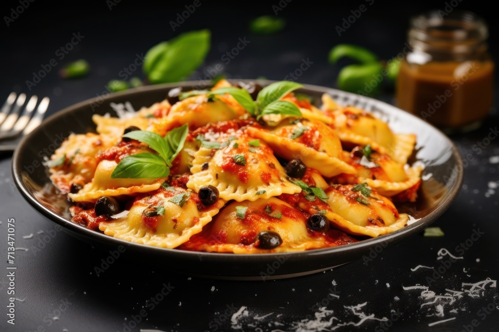 Poster a close up of a plate of pasta on a table with a fork and a jar of sauce in the background.