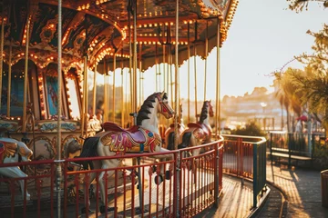 Foto op Aluminium Merry go round carousel in amusement park. Glowing attraction in city park. Childhood entertainment © Lazy_Bear