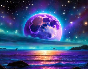 Naklejka na ściany i meble Colorful Full Moon Over Ocean. Stars Space Galaxy