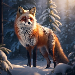 Portrait of a red fox in the winter forest