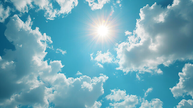 Bright sun on blue sky with white clouds background ai photo