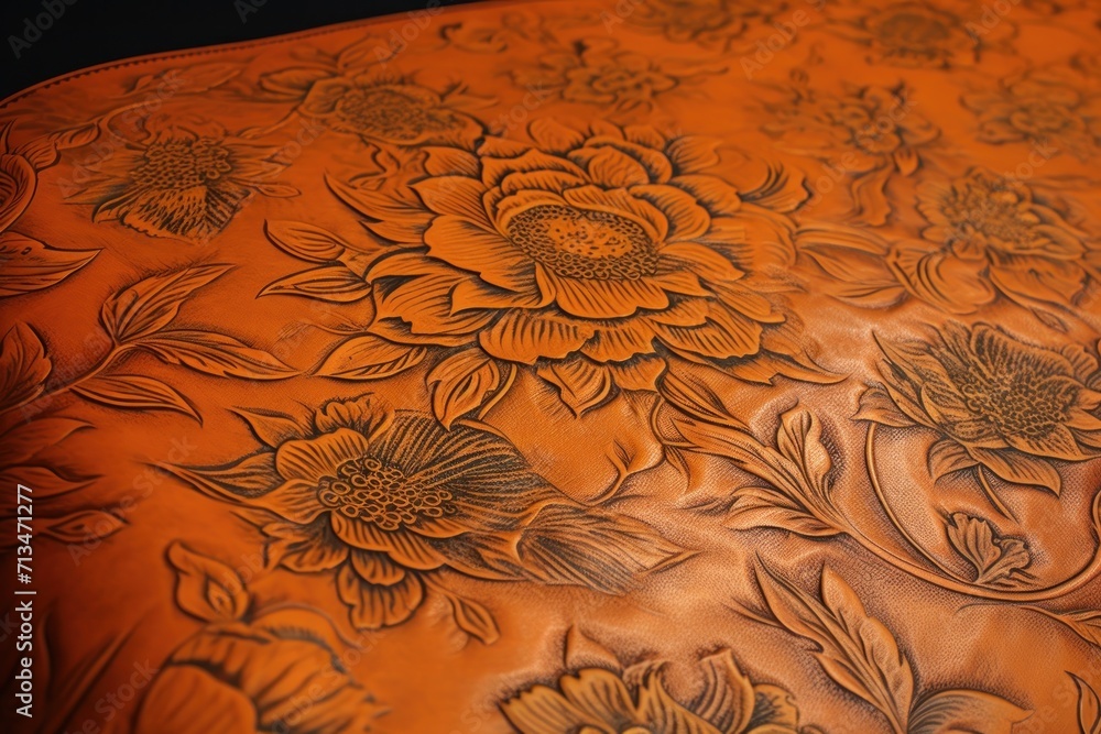 Poster a close up of a leather table with a flower design on the top and bottom of the table and the bottom
