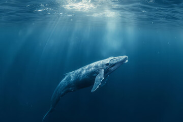 Blue Whale swimming in ocean. Humpback Whale underwater