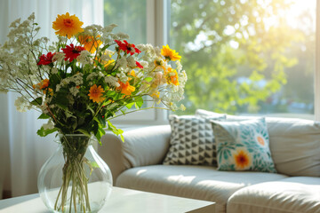 Spring flowers bouquet in vase on table in living room with morning sun light. Stylish apartment interior with blooming flowers - obrazy, fototapety, plakaty