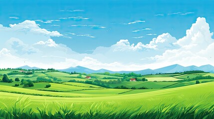Expansive rural landscape featuring golden wheat fields and lush green hills under a clear blue sky, capturing the essence of serene countryside living