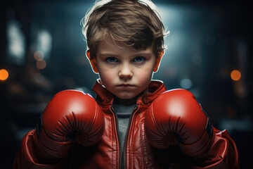 young boy boxer in red boxing gloves