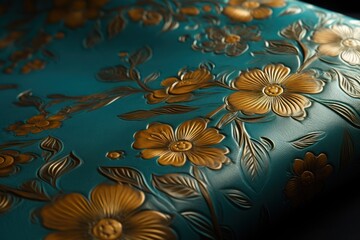 Fototapeta na wymiar a close up of a gold and teal floral design on a blue fabric with gold flowers on a black background.