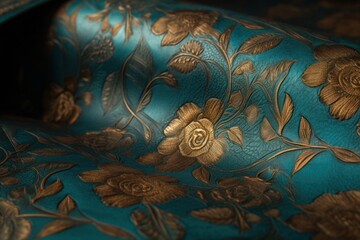  a close up of a blue and gold fabric with a flower design on the bottom of the fabric and a flower design on the bottom of the fabric.