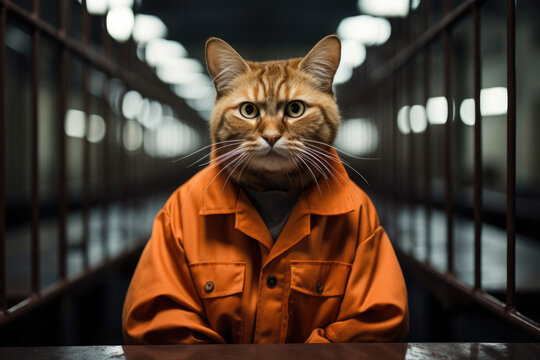 Bad cat crime wearing orange jumpsuit in a prison cell prisoner