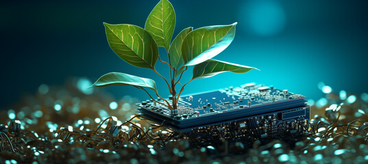 Little plant germinating from a piece of technology. Green technology. Environmental tech. Recycling