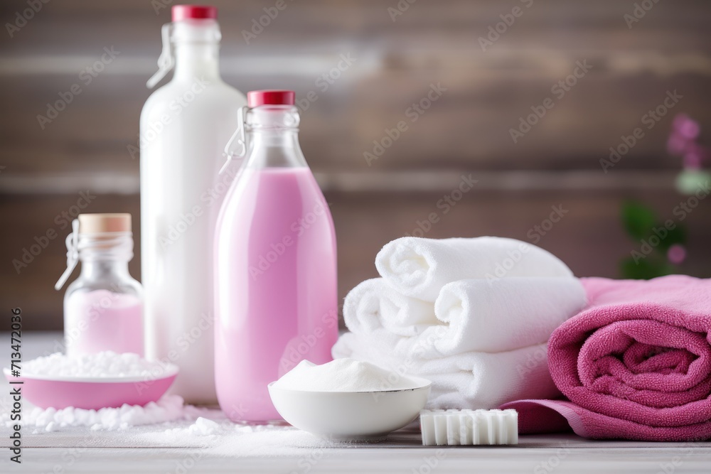 Poster a table topped with bottles and towels next to a bowl of salt and a bottle of lotion on top of a tab