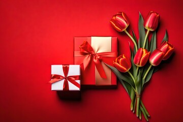 Red tulips and gift box on a red background