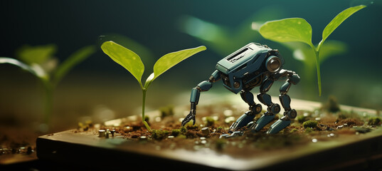 Little robot planting a tree on a circuit board. Robotics. Green technology. Environmental technology. Sustainability