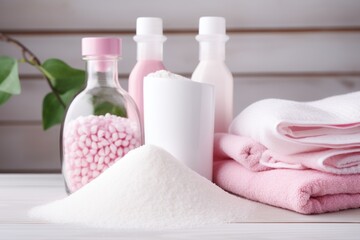 Fototapeta na wymiar a pile of pink and white towels next to bottles of pink and white soap and a bottle of pink and white sugar.
