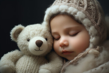 Cute newborn baby sleeping with soft toy