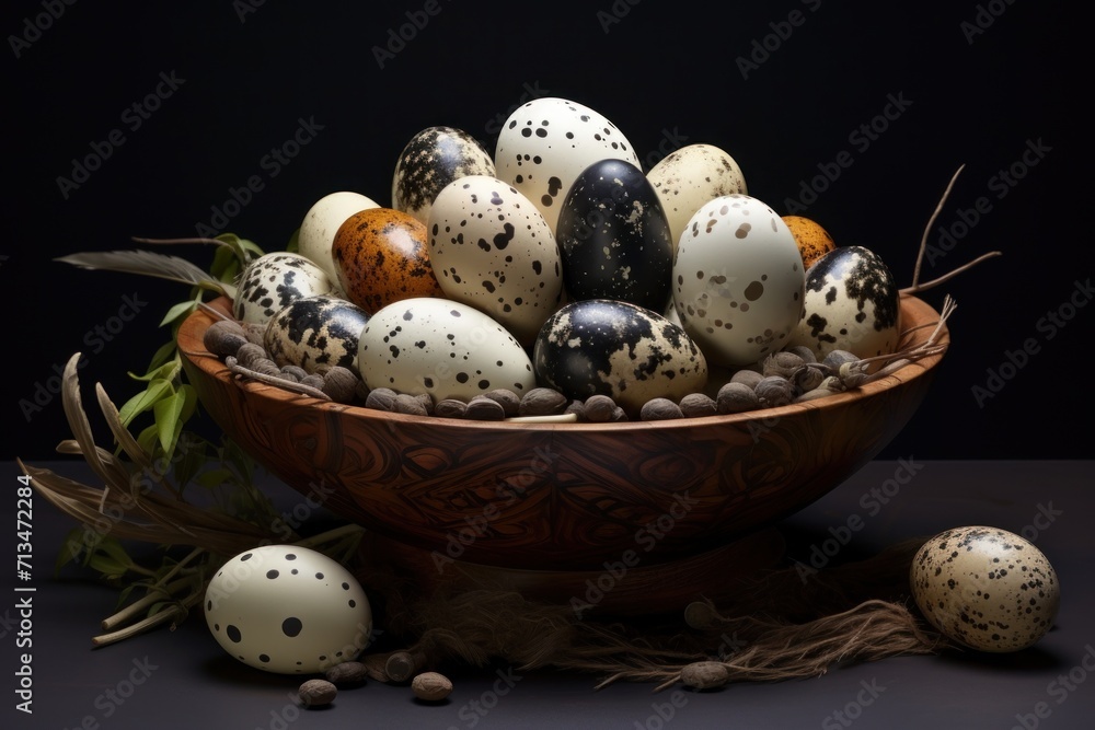 Poster a bowl filled with eggs sitting on top of a table next to a pile of eggs on top of a table.