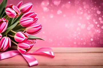Fototapeta na wymiar Pink tulips on wooden background