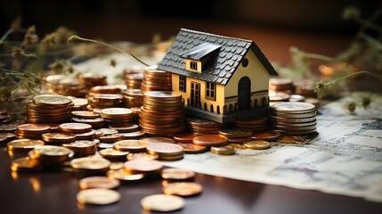 mortgage loan, represented by a paper application form, along with many coins and a model of a house, placed on a table