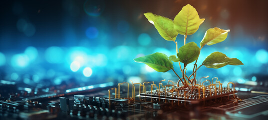 Plant growing from a circuit board. Technology elementes in the background. Environmental tech. Sustainability
