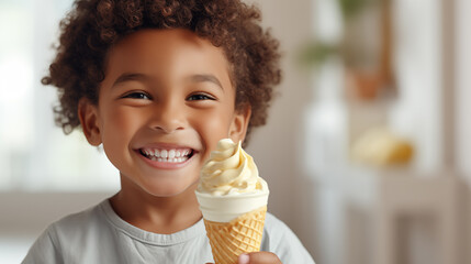 Young child with a big smile holding a vanilla ice cream cone in a bright indoor setting - obrazy, fototapety, plakaty