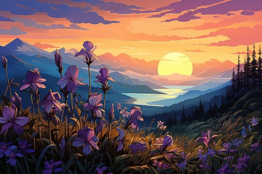  A Painting Of A Sunset Over A Mountain With Purple Flowers In The Foreground And A Lake In The Background.