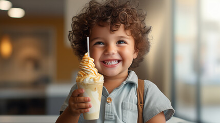 Happy curly-haired child holding a creamy swirled ice cream drink with a broad smile