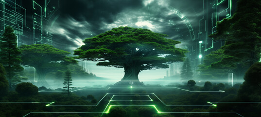 Tree being preserverd by technology. Sustainability. Nature and tech as allies. Futuristic green planet.