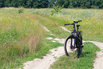 Obraz premium bike stands on the road in the field. A mountain bike stands on a field path with green grass. Mountain bike, blooming summer field, meadow flowers, sunny day. ride a bike. outdoor activities. active