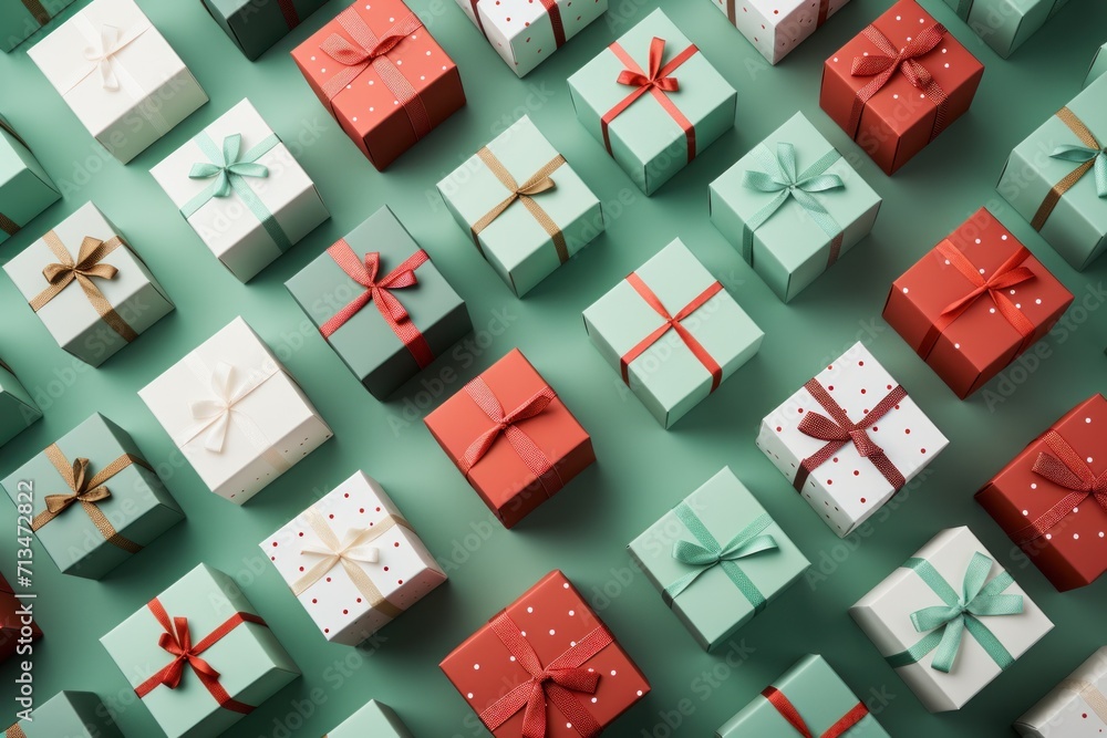 Poster many different colored boxes with bows and bows on them, all wrapped up in different colors and size