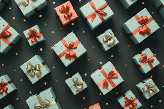  a lot of presents that are wrapped in blue and orange paper with bows and stars on the side of them.