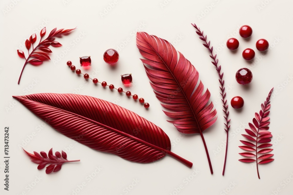 Poster a group of red leaves and berries on a white surface with beads and beads on the bottom of the image