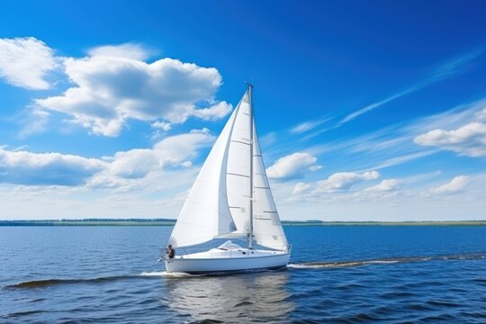  a sailboat in the middle of a body of water under a blue sky with wispy white clouds.