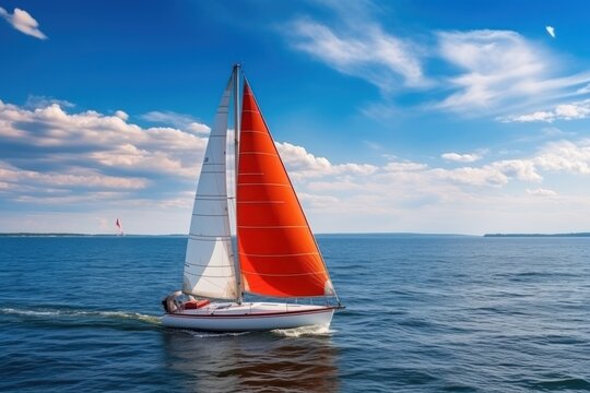  a sailboat with a red sail on a body of water under a blue sky with puffy white clouds.