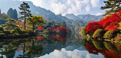 A serene and colorful Japanese mountain lake in the summer, its mirrored surface showcasing the...
