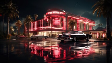  luxury casino , exterior view, neon colors