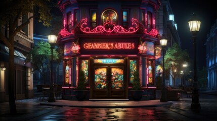  luxury casino , exterior view, neon colors