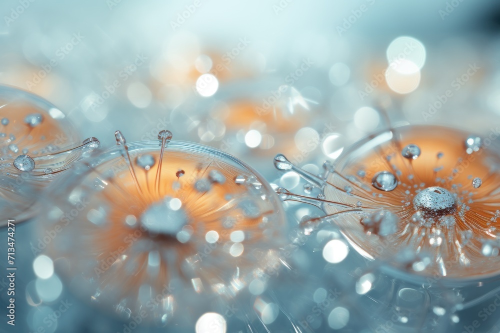 Poster a close up view of water droplets on a dandelion ornament that is floating in the air.