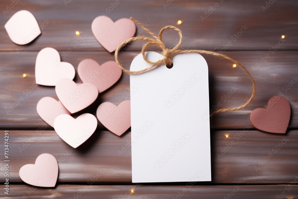 Aufkleber  a paper tag with a string tied to it with hearts around it on a wooden surface with string lights around it.