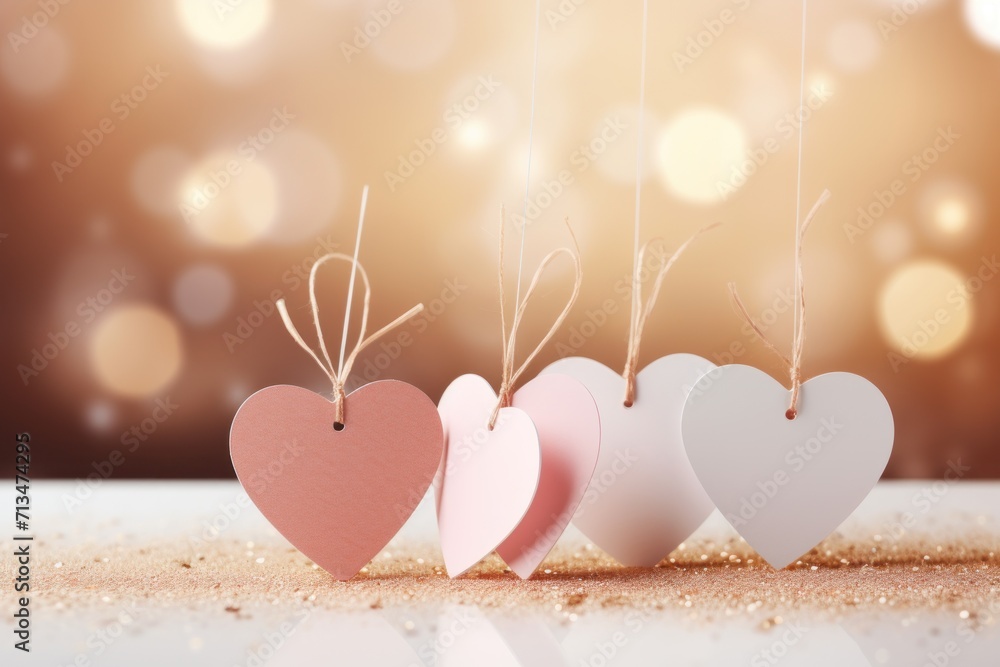 Poster three hearts hanging from strings in a row on a table with a boke of lights in the back ground.