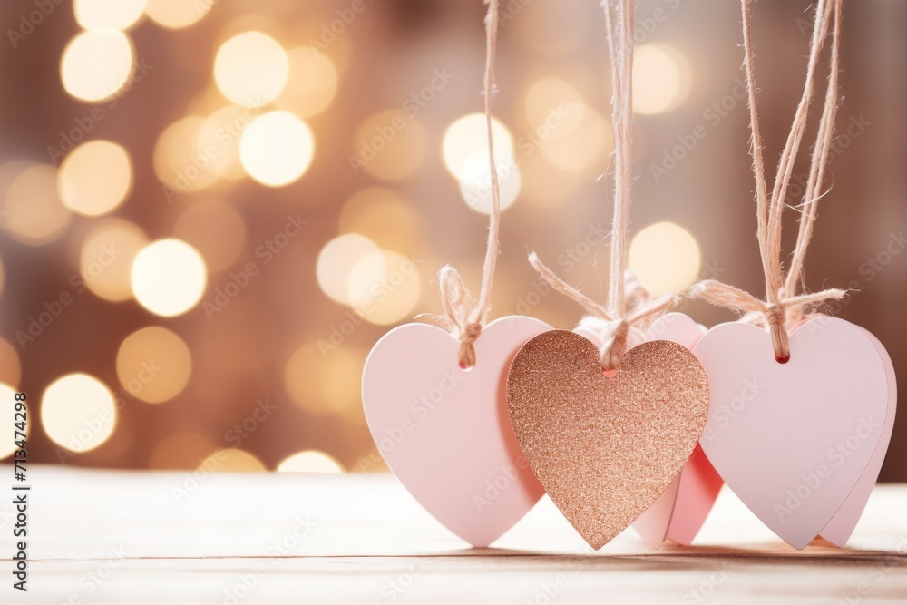 Poster three hearts hanging from twine on a string with a boke of lights in the back ground behind them.