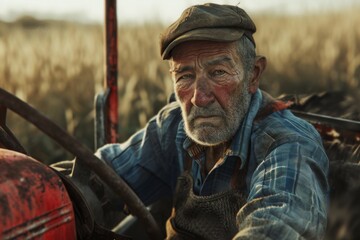 Elderly farmer with a weathered face at the helm of his tractor, a testament to a life spent working the land.