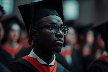 Fototapeta premium Pensive male graduate in cap and gown, contemplative about the future and the journey ahead.